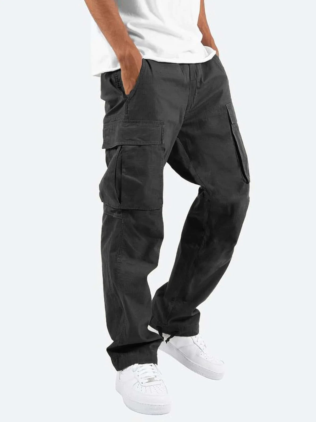 Cargo Pockets Casual Male High Elastic Waist Pocket Wide Leg Trousers