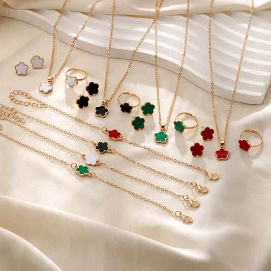 Lucky Five-petal Flower Clover Earrings Necklace