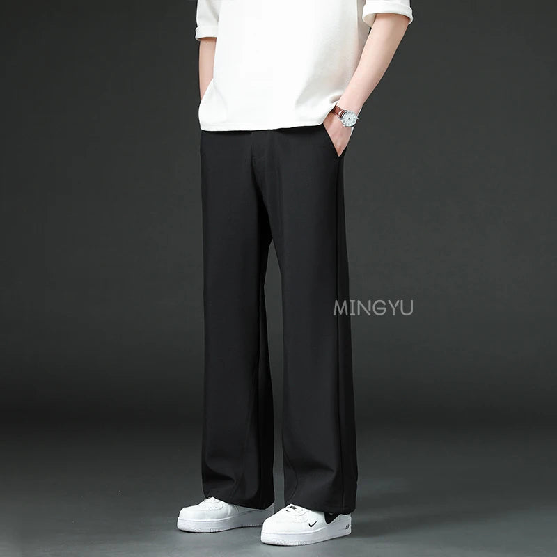 Brand Clothing Summer Smooth Flare Pants Men Business Elastic Waist Suit Flared Trousers Male Korean Work Office Plus Size S-4XL