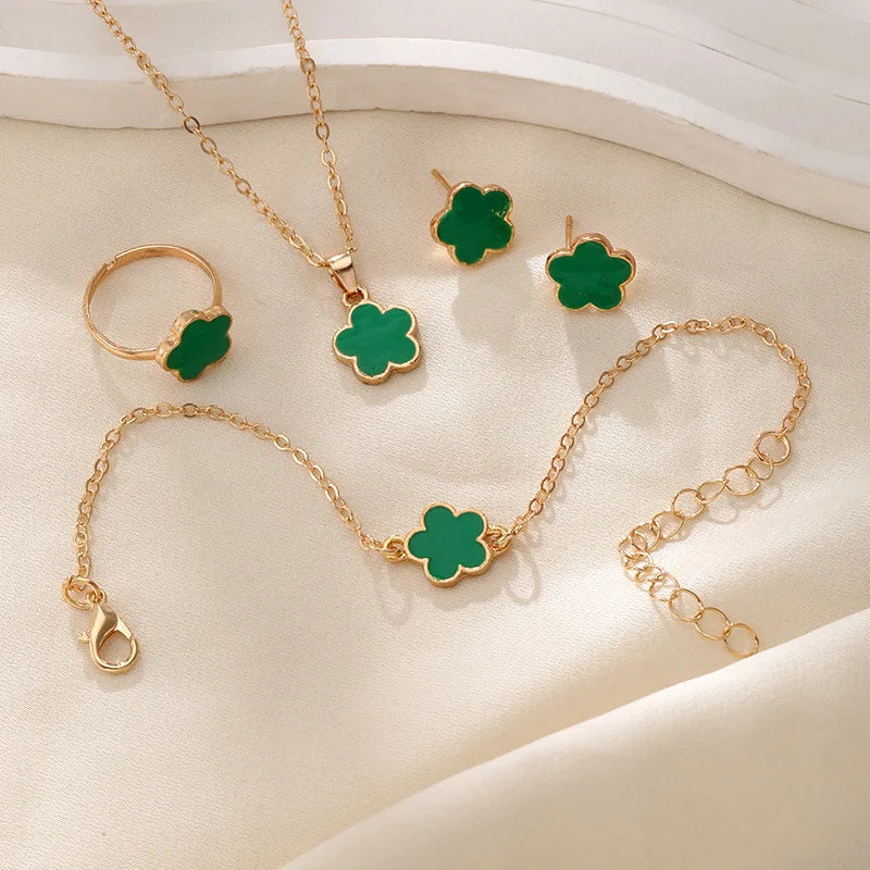Lucky Five-petal Flower Clover Earrings Necklace