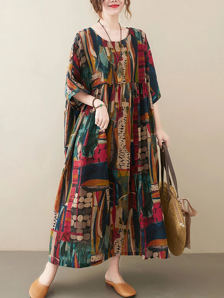 Short Sleeve Cotton Linen Vintage Print Summer Long Dresses For Women 2025 Casual Loose Holiday Ladies Dress Elegant Clothes
