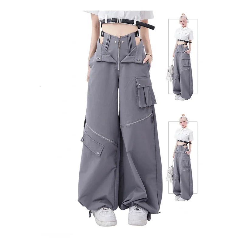 Grey Cargo pants female casual original retro multi zip pocket