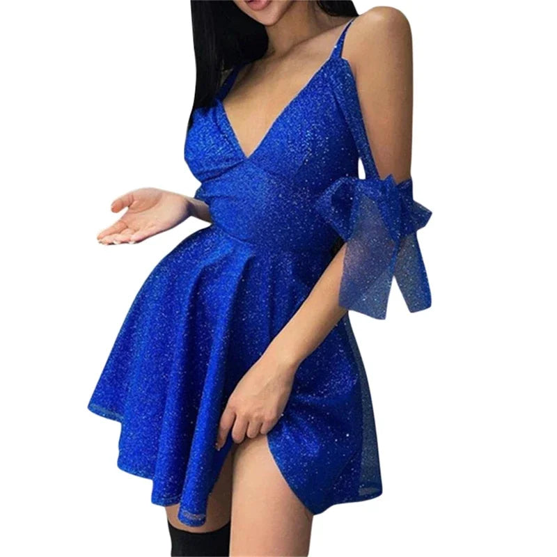 Cocktail Club for Ladies Vintage A-line Dress Women Shiny Party Mini Dress
