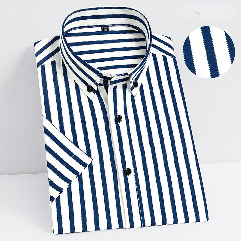 2023  Regular Fit Short Sleeve Strech Striped Shirts for Men Summer Soft Business Men's Dress Shirt Casual