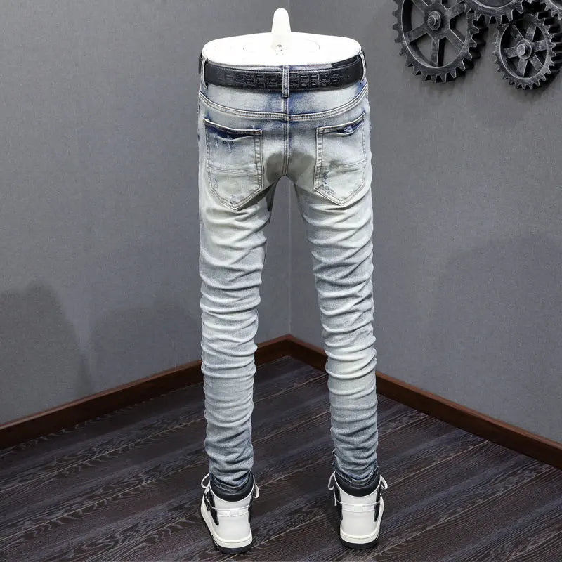 Men Jeans Retro Blue Stretch Skinny Fit Hole Ripped Jeans Men
