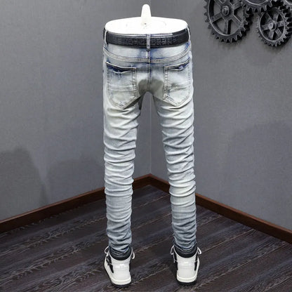 Men Jeans Retro Blue Stretch Skinny Fit Hole Ripped Jeans Men