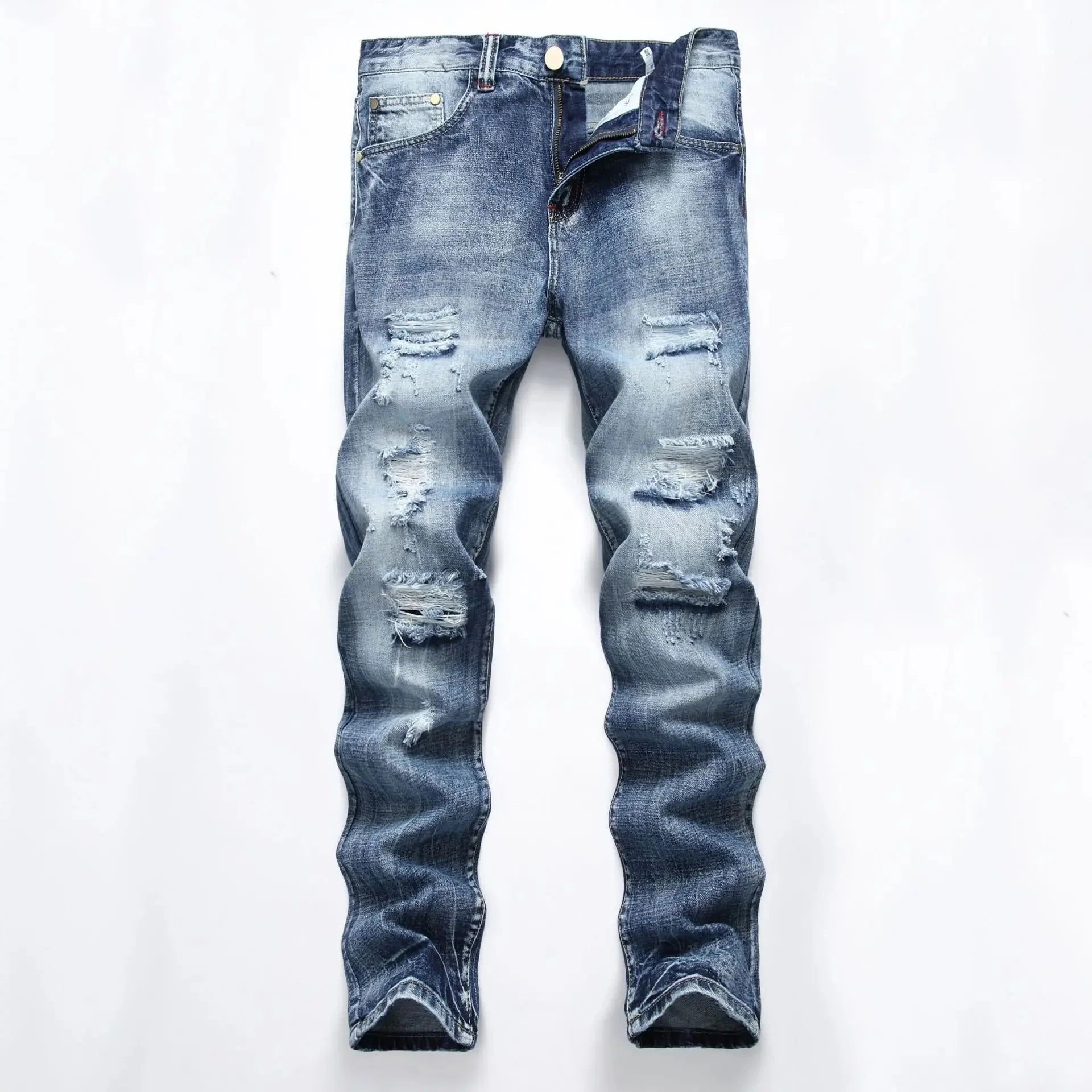 Cross-Border Men's Wear Ripped Straight-Leg Slim Fit Smooths Your Silhouette No Stretch Jeans Light-Colored Denim Trousers Amazo