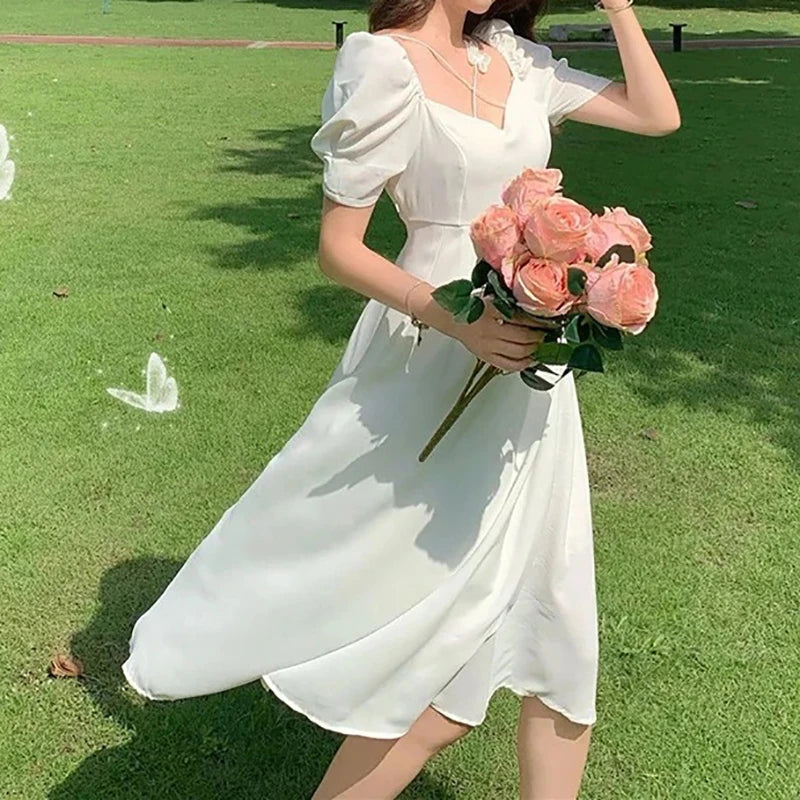 EVNISI Women Summer White Dress Puff Sleeve Party Dating Dress Square Neck A-line Fashion Casual Solid Holiday Dress 2024