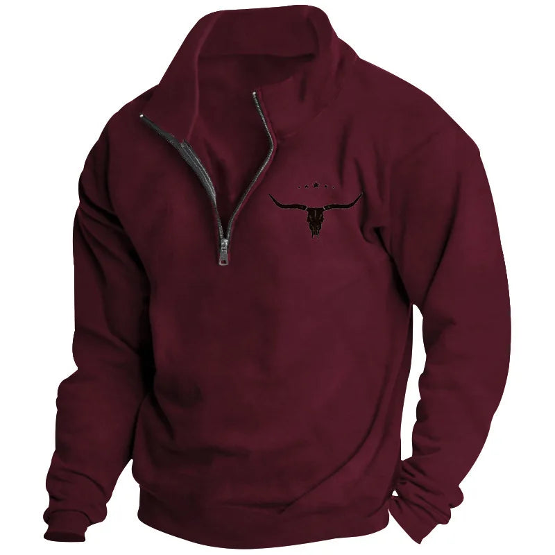 Men's Long-Sleeved Sweatshirt Autumn Winter Fleece European American Style Half-Zipper Stand-Up Collar Solid Color Bull Head Pri