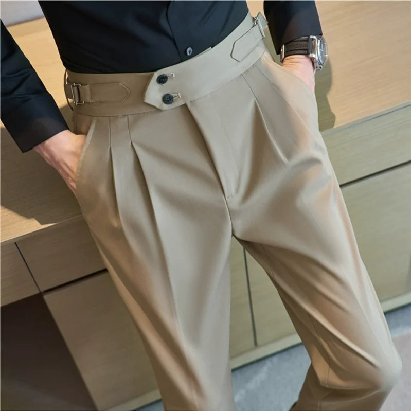 Men High Waist Casual Dress Pant Men Belt Design Slim Trousers
