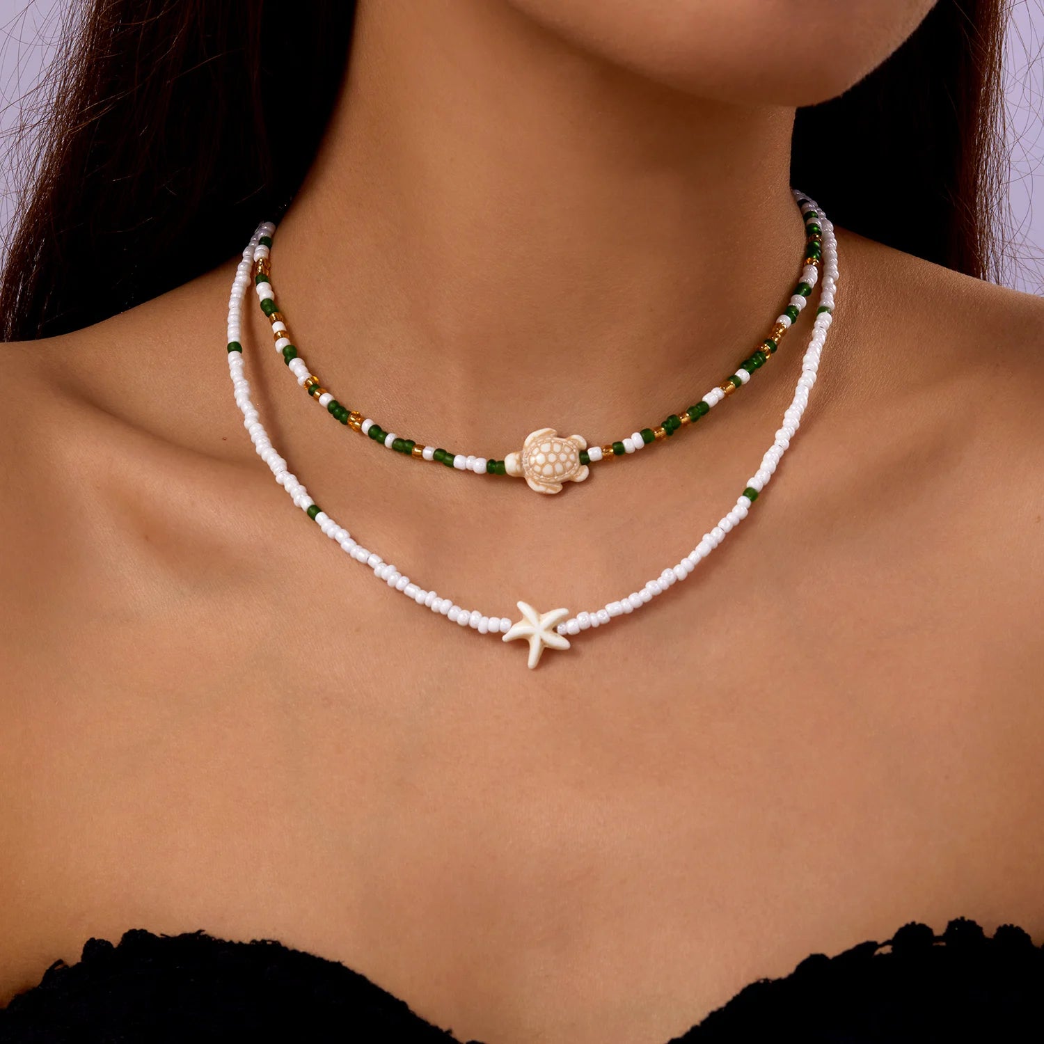 Bohemian Double Rice Bead Chain Clavicle Necklace for Women