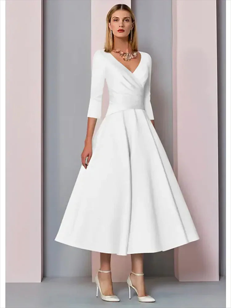 Evening Dress Women Elegant Sexy Satin Deep V-neck 3/4 Sleeves