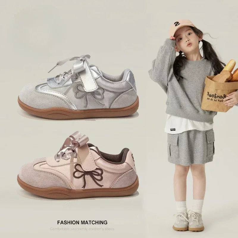 2025 Children Casual Sneakers for Girls Spring New Fashion Korean Style Soft Anti-slippery Versatile Chic Sweet Bowtie Shoes