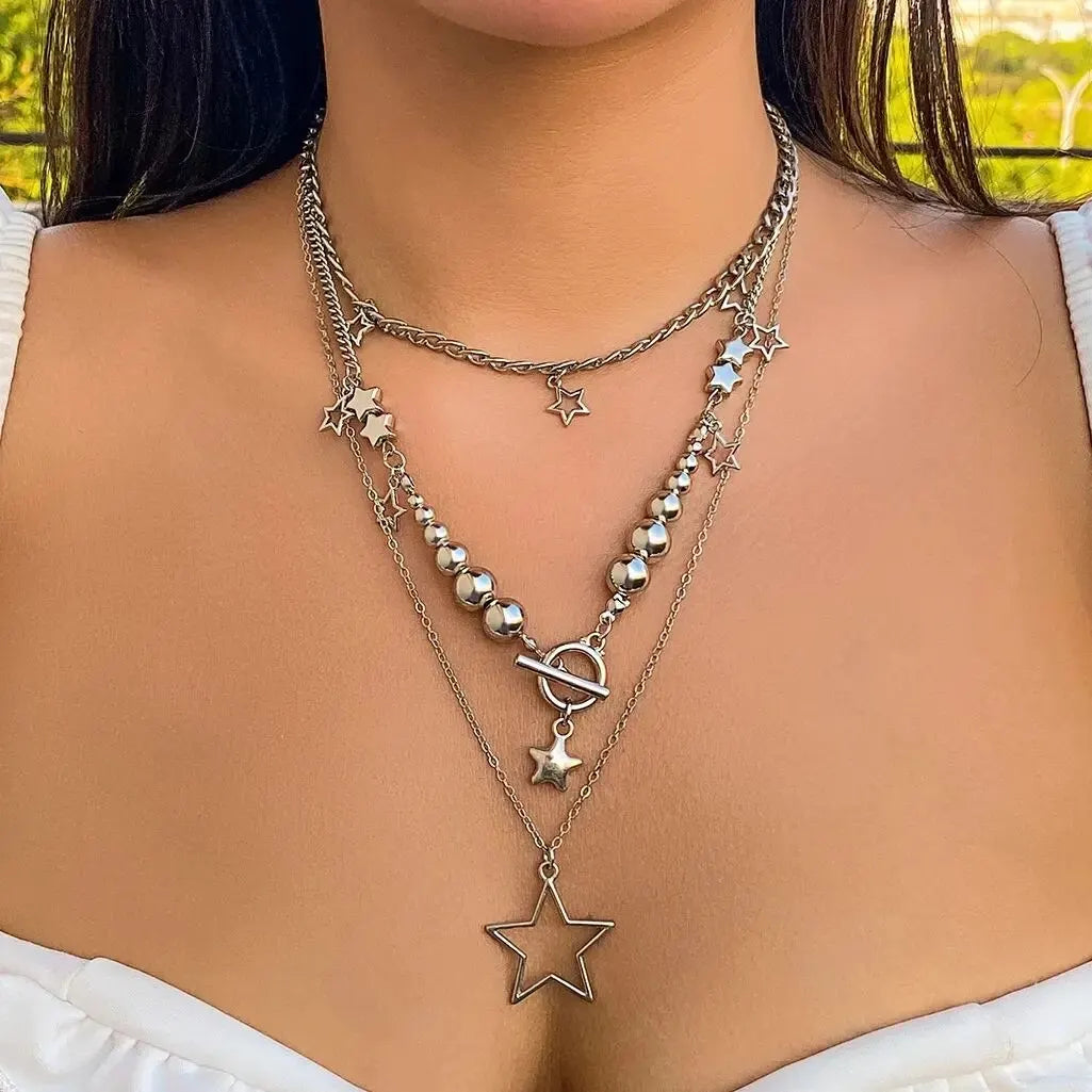 Vintage Silver Color Star OT Buckle Pendant Choker Necklace for Women