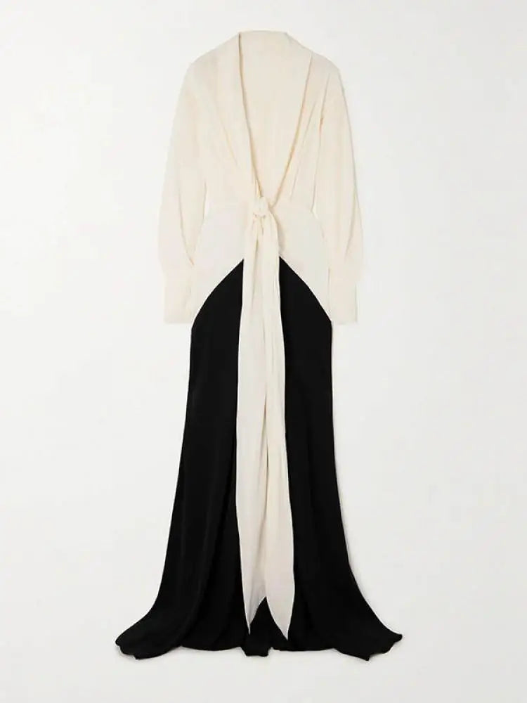 Women Fashion Patchwork Deep V-Neck Pleated Party Evening Dresses
