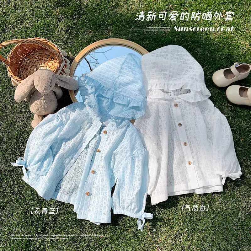 Girls Lace Sunscreen Coats Clothes 2025 Summer New Children's Breathable Thin Hooded Outerwear Kids Air Conditioner Shirt 1-5Y