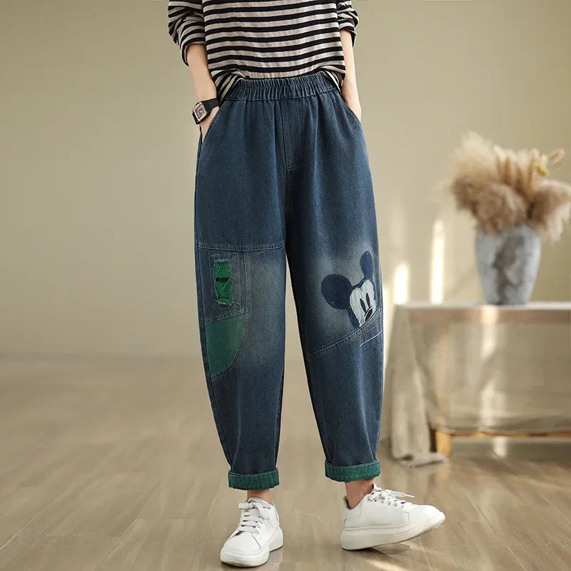 2024 Autumn Plus Size Casual Fashionable Versatile Embroidered Harem Jeans Loose Fit Bell Bottoms For Women