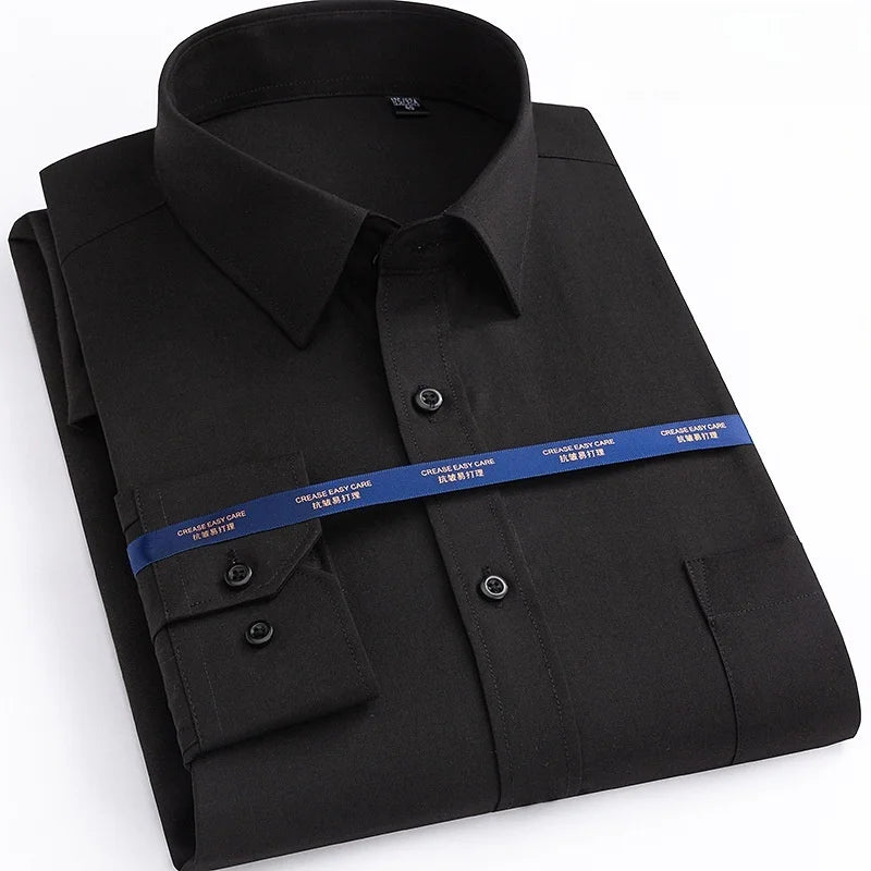 New Men Formal Shirt Long Sleeve Office Solid Color Anti-Wrinkle Fashion Business Pocket White Blue Social Pocket Shirts 6XL 7XL