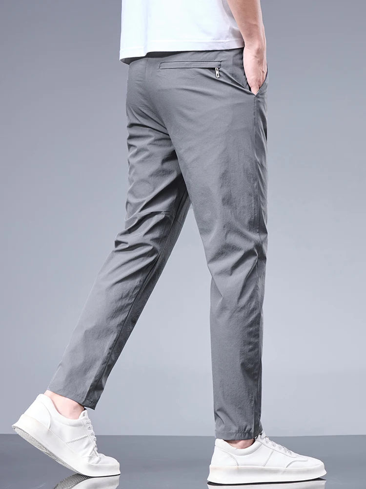 Business Ice Silk Pants Straight Elastic Waist Black Gray Trousers