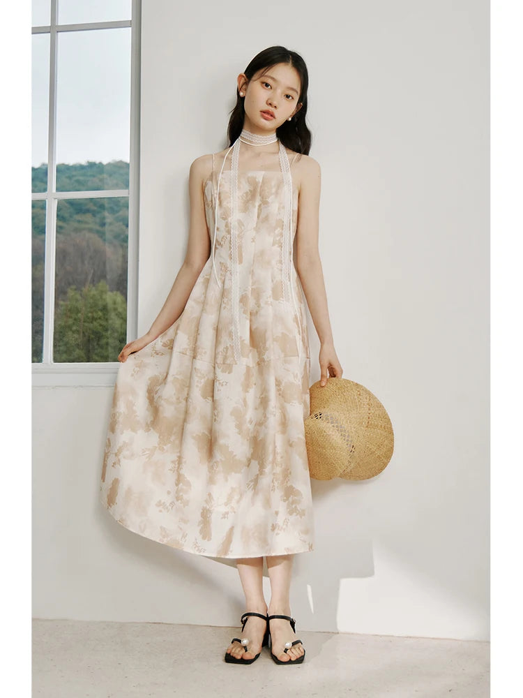 ZIQIAO Petite Suspender Dress For Women's Summer 2024 New French Short Sleeved Medium Length A-line Dress 24ZQ92215+24ZQ92208