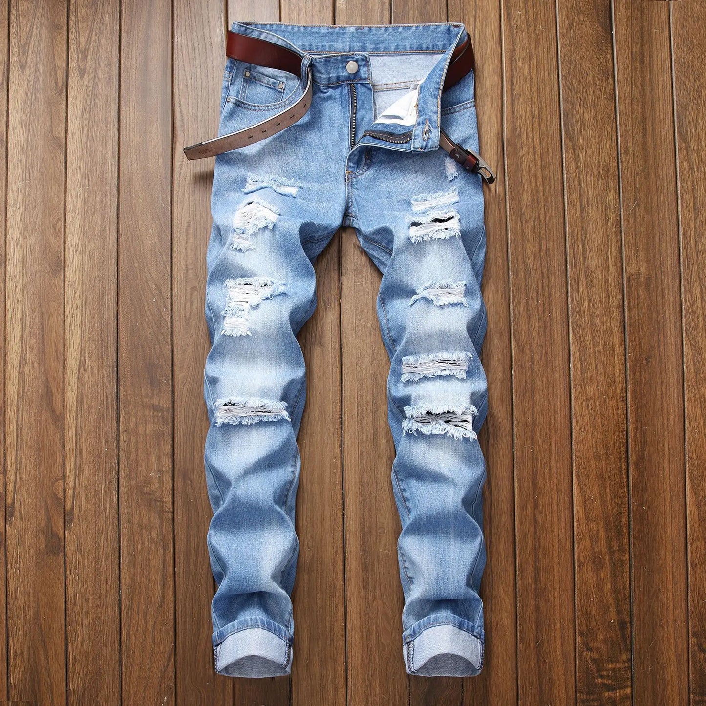 Fall New Men's Wear Ripped Straight Fit Stretchless Jeans