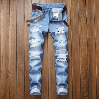 Fall New Men's Wear Ripped Straight Fit Stretchless Jeans