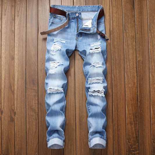 Fall New Men's Wear Ripped Straight Fit Stretchless Jeans