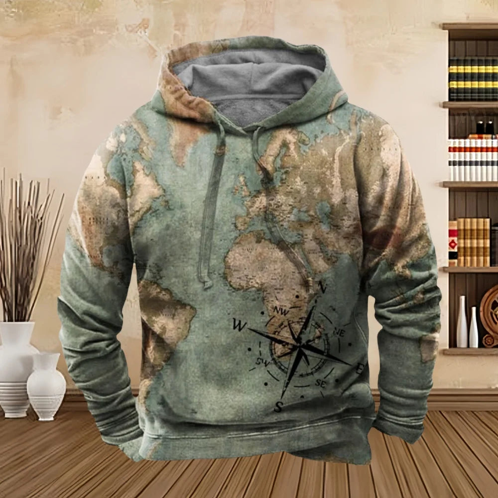 Vintage Compass Graphic Hoodies for Men Long Sleeve Pullover Sweatshirt Tops Full Print Vintage Hoodie Streetwear Men's Clothing