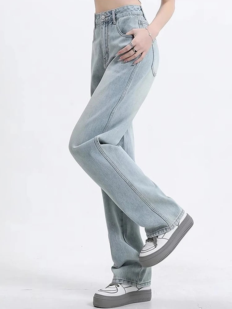Girls High Waist Wide Leg Jeans Lady High Street Denim Straight Leg Pants Female Retro Blue Light Blue Black Gray Pink Trousers