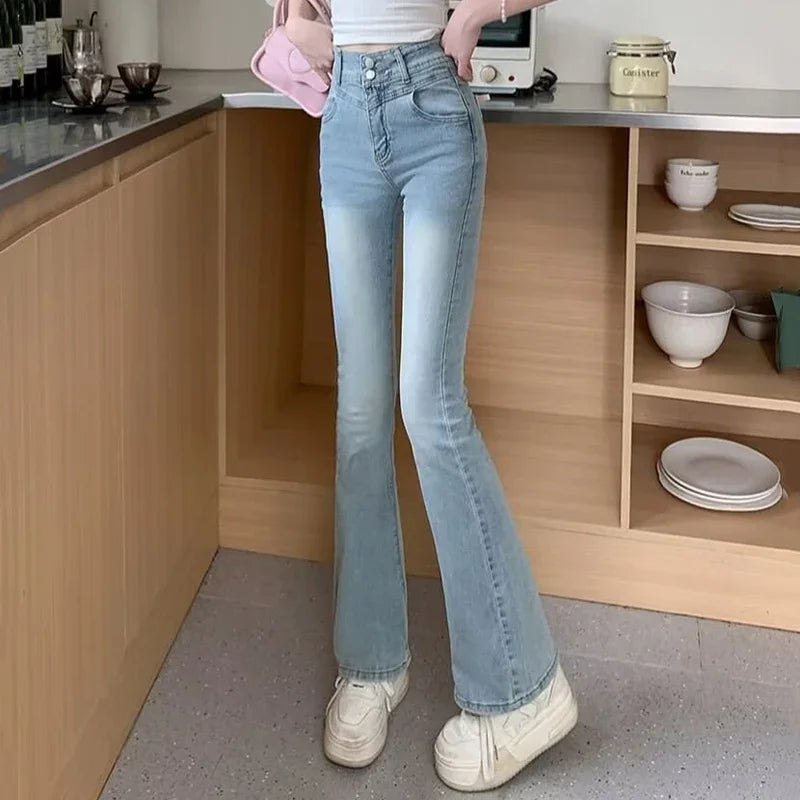 New Girls Sweet Lace Bowknots Decoration Blue Flare Jeans Lady Korean Stretch Bell Bottom Pants Female High Waist Denim Trousers