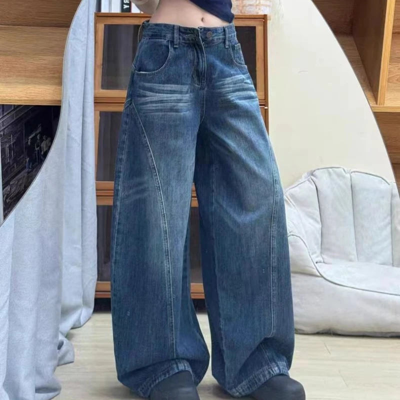 Casual Denim Pant Women Jeans Vintage Straight Trousers Autumn Spring Fashion Female Wide Leg Pants Blue Jeans