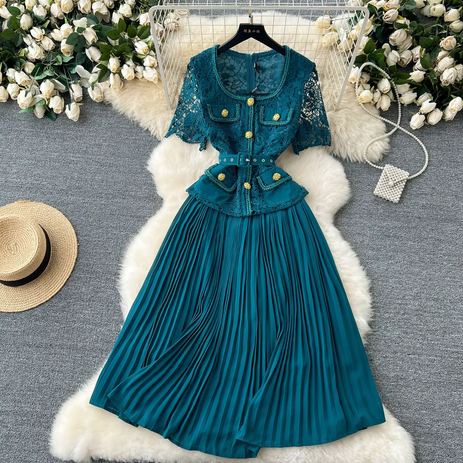 Designer Summer Pleated Chiffon Lace Long Dress