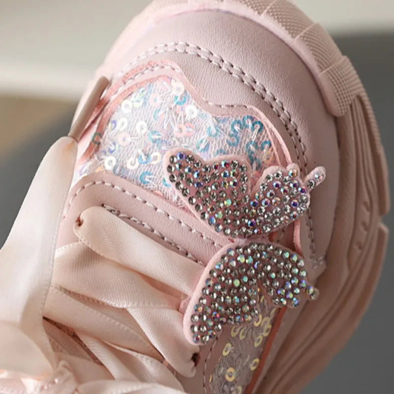 1-6Y New Girls' Sports Shoes Anti Slip Soft Sole Sequin Shinny Butterfly Cute Tennis Running Shoes Princess Shoes for Baby Girls