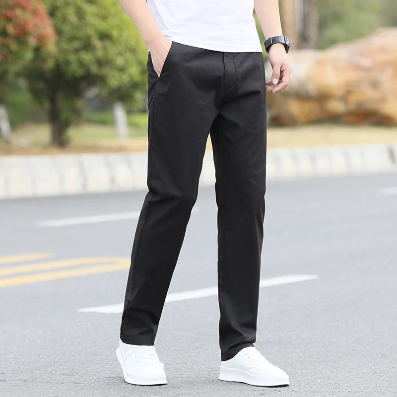 Men's Slim Fit Casual Pants Lightweight Classic Straight Trousers Summer Cotton Stretch Joggers Solid Khaki Pants Male
