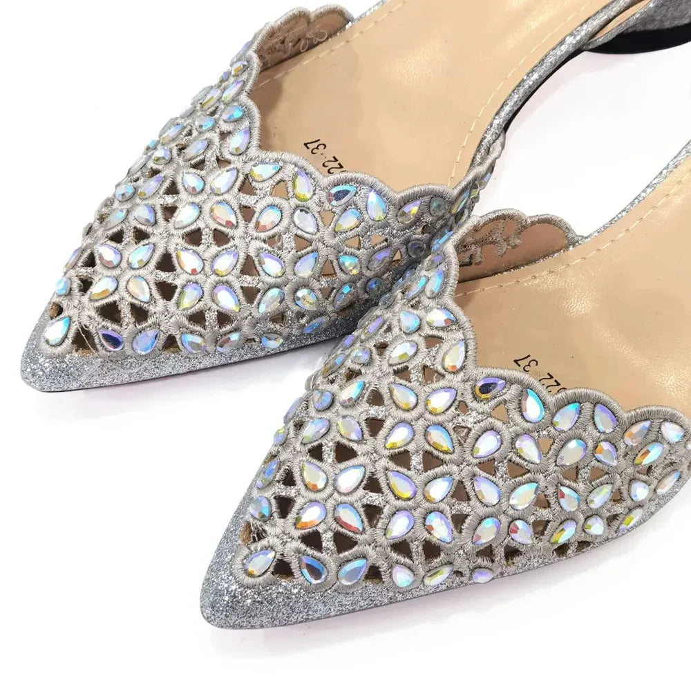 Women's High Heel Pointed Toe Sandals Party Silver Color Shoes and Bags Set