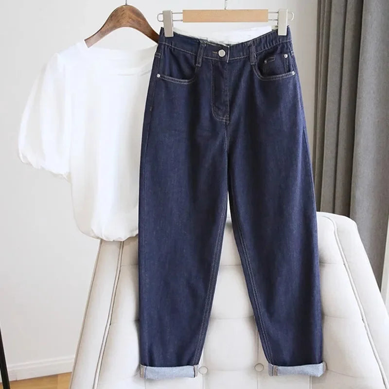High-Waisted Light Blue Jeans For Women Summer Thin Style Stretchy Fit Pear Shape Body Shaper Dad's Potato Pants