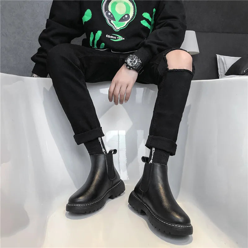 Mens Handmade Leather Chelsea Boots Elastic Sides Business Casual Dress Shoes Anti Slip Sole Comfortable Black Footwear