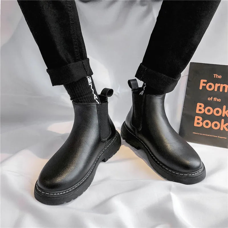 Mens Handmade Leather Chelsea Boots Elastic Sides Business Casual Dress Shoes Anti Slip Sole Comfortable Black Footwear
