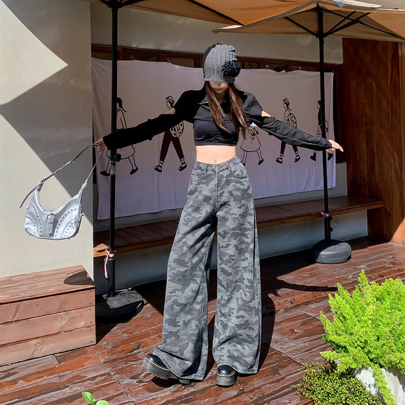 Women Pants High Waist Women's Overalls High-waist Jeans 2000s Clothes Y2k Shorts Contrast Color Gothic Style Wide Legs Jorts