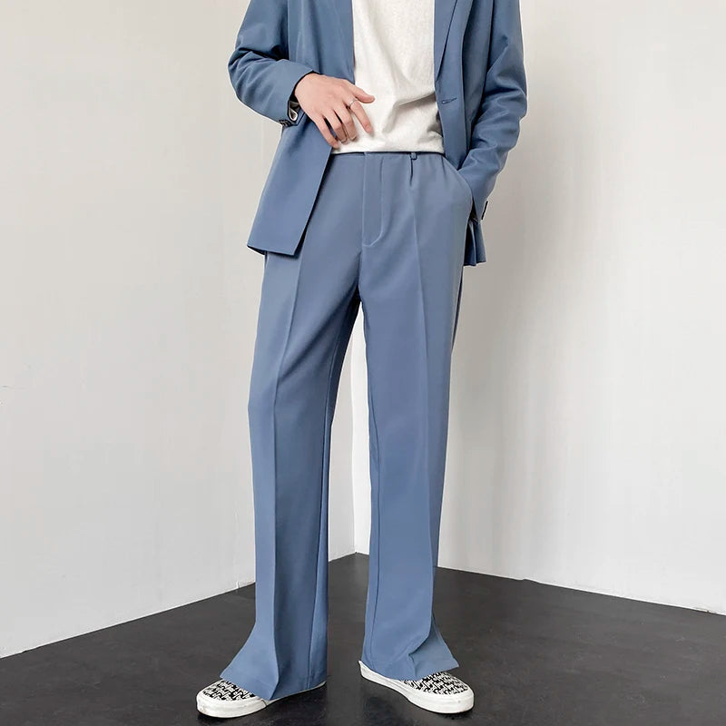 Men Straight Casual Pants 2023 Summer New Korean Style Baggy Personality Slit Wide Leg Blazer Pants Trousers Male Streetwear