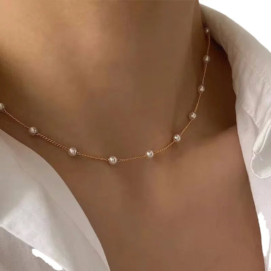 Beads Women's Neck Chain Kpop Pearl Lace Gold Color Goth Choker Jewelry