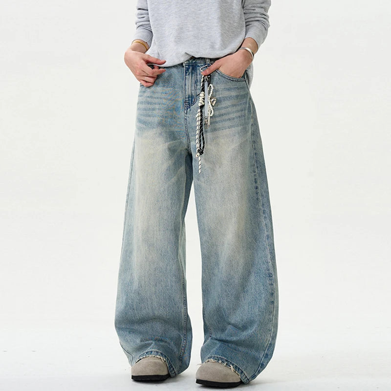 IEFB Distressed Jeans Solid Color Washing Summer Men Trousers Loose Wide Leg Casual Straight Moustache Effect Male Bottom 9W665