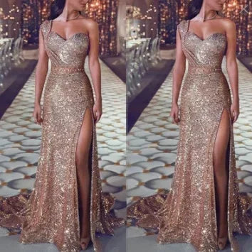 Evening Elegant Sexy Deep V Neck Sleeveless Sequined Dresses