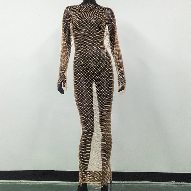 Long Sleeve O-Neck Hollow Out Side Slit Dress Sexy Beach Cover Up Breathable