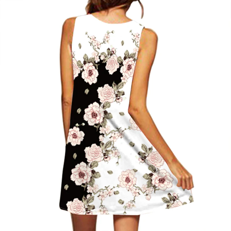 Women's New Dress V-neck Sleeveless Printed Large Hem Foreign Trade Dress