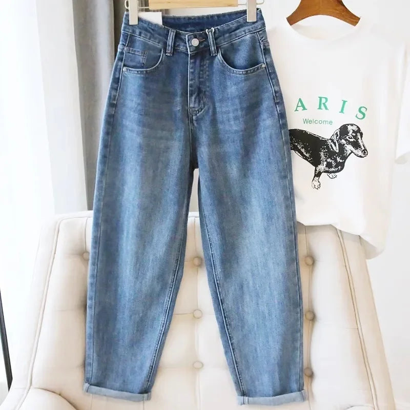 High-Waisted Light Blue Jeans For Women Summer Thin Style Stretchy Fit Pear Shape Body Shaper Dad's Potato Pants