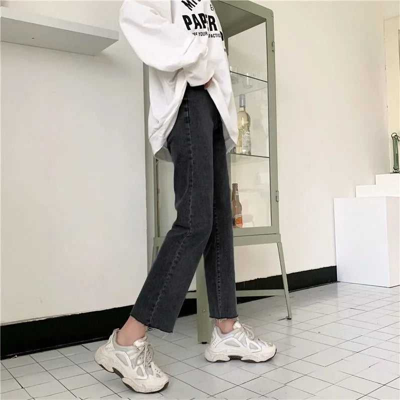 High Waist Elastic Denim Jeans Women's Loose Straight Slimming Student Versatile Small Size Nine Tube Pants Trendy