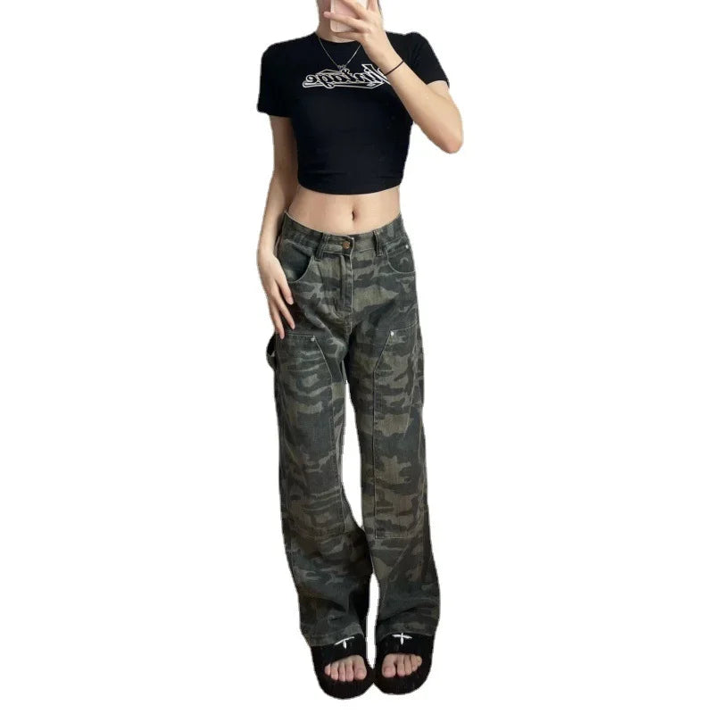 Autumn Spring Vintage Camouflage Jeans Women Denim Pants High Waist Straight Trousers Fashion Female Casual Wide Leg Pants