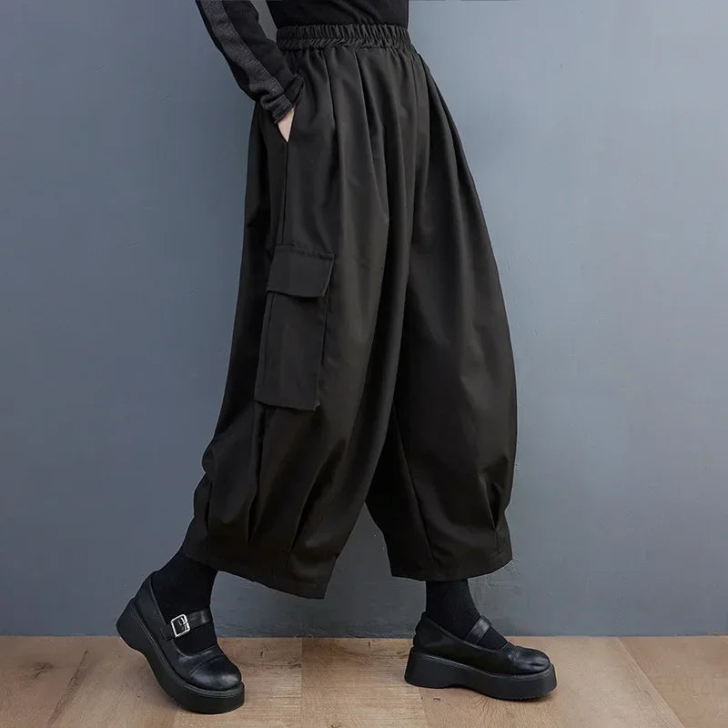 Black Vintage High Elastic Waist Oversized Cargo Pants