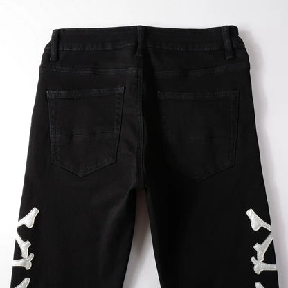 Classical White Bones Patchwork High Street Slim Fit Ripped Jeans